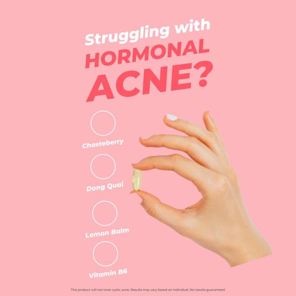 A clean, minimalist 1:1 square graphic using a direct question hook and bulleted ingredient callouts to address hormonal acne pain points.